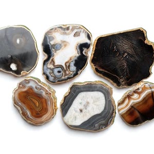 May include: A collection of six irregular, polished agate slices with metallic gold-toned edges. The stones feature varied natural patterns in shades of black, white, gray, and brown, showcasing distinct concentric banding and crystalline textures.