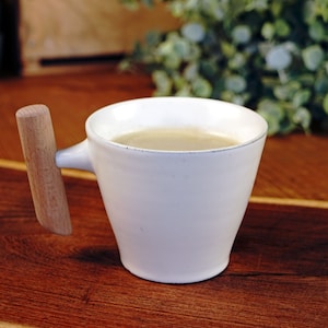 Tapered White Wide Opening Ceramic Mug With Wooden Handle