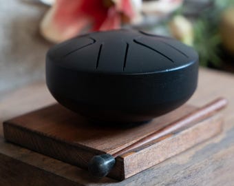 Miniature Steel Tongue Drum for Meditation and Stress Relief - Includes Handmade Wooden Base and Mallet