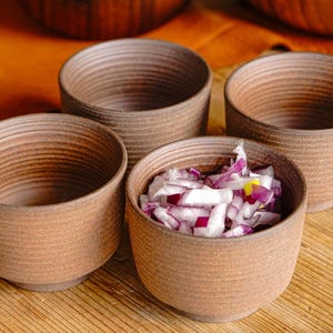 May include: Four small brown ceramic bowls, three empty and one filled with chopped red onion.