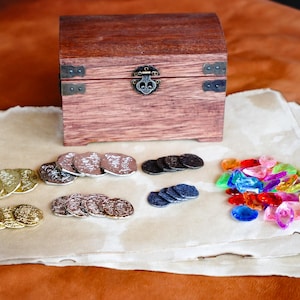 Kit de cofre del tesoro pirata con joyas, monedas de metal real y papel de mapa antiguo en blanco