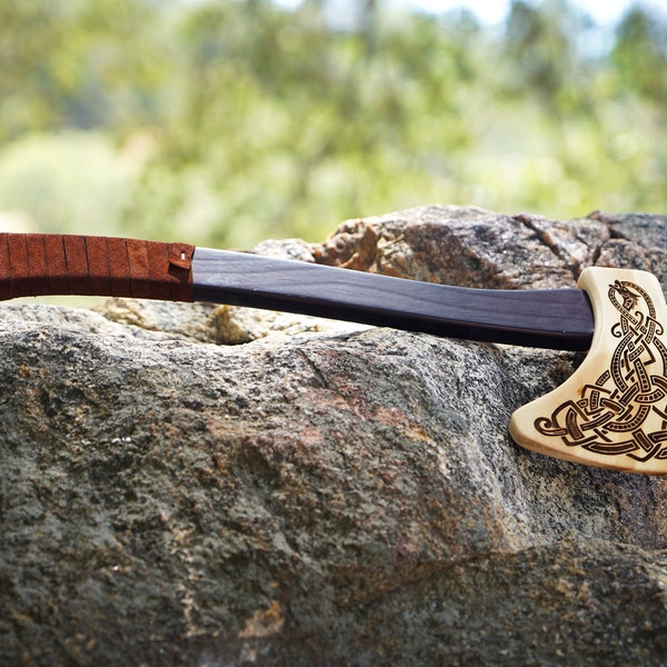 Wooden Play Axe with Norse Motif Engraving and Leather Wrapped Handle