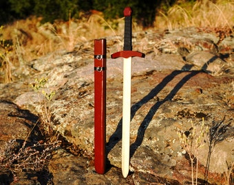 Children&#39;s wooden toy medieval knight sword for costume and play - with real wooden sheath