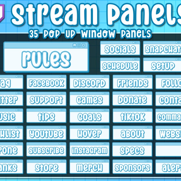 Blue Pop Up Window Twitch Panels | 35 Light Blue Windows Panels | Vaporwave | Lofi | Cute | Teal