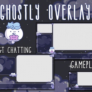 Ghostly Purple Overlays | Twitch Streamer Overlays & Scenes | Clouds Moon Magical Star Stars Halloween Ghost Cat Gameplay Just Chatting GSTY