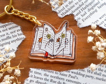 Keychain - Book - Acrylic Transparant Key chain with an Open Book for Bookworms - Cute Whimsical Cottagecore Reader Keyhanger