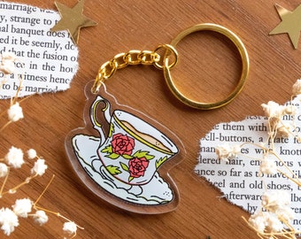 Keychain - Cup of Tea - Acrylic Transparant Key chain with a rose cup and saucer - Cute Whimsical Cottagecore Cup of Coffee Keyhanger