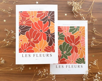 Les Fleurs A4 Print - Groovy Retro Vibes Blumen Wand Kunst - Rote, Braune & Orange Blumen mit 60er und 70er Jahre Vintage Vibes 2er Set