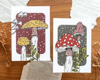 Toadstool Postcard A6 - Brown, Green & Yellow Mushroom Woodland Magic Forest Minimalistic Greeting Cards - Post Cards set of 2