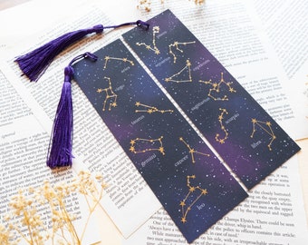 Set of 2 GOLD FOIL Zodiac Sings Astrology Galaxy Bookmarks // Moon & Stars Celestial // Universe and Galaxies // Shiny book mark with quote