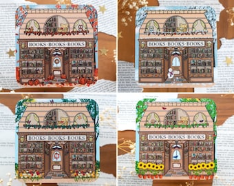 Bookstore Coasters - Set of 4 Seasons - Bookish Gift Present / Bookshop front - Desk Accessoire - Cozy Seasonal Book Vibes