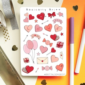 Hoja de pegatinas - Día de San Valentín - Bullet Journal Valentines BUJO Pegatinas, Linda hoja de pegatinas de corazón, chocolate, globos, carta de amor