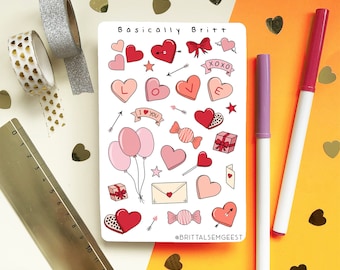 Sticker Sheet - Valentine's Day - Bullet Journal Valentines BUJO Stickers, Cute Heart Stickersheet, Chocolate, Balloons, Love Letter