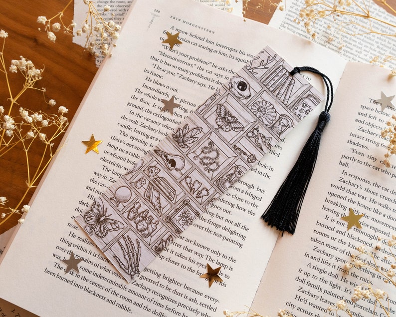 Cabinet of Curiosities Bookmark Witchy Magical Cozy Vibes Curiosity Cabinet Reading Accessoire Crystals, Butterflies, Books, Shells image 4