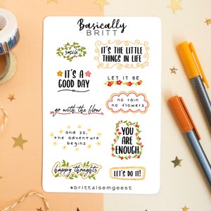 Stickervel Inspirerende citaten - Bullet Journal Quote Stickers - - BUJO Stickersheet - Inspirerende stickerset, botanische, schattige bloemen