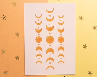 Moon Phases A5 Print - Pastel Galaxy Universe Space art print - Yellow Moons and stars
