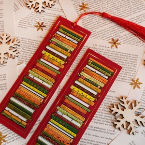 GOLD FOIL Red Christmas Stack of Books Bookmark With Tassel - Bookworm - Reader - Autumn Fall Books - Book Lover - Sparkly Shiny Books