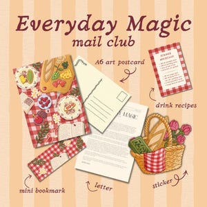 Puede incluir: Set de papelería Everyday Magic mail club que incluye una postal A6 con ilustración de picnic, un marcapáginas de cuadros rojos y blancos, una carta impresa, una tarjeta de recetas de cócteles sin alcohol y una pegatina de cesta.
