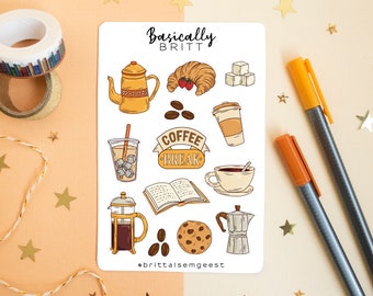 Coffee Break - Stickersheet - Bullet Journal Stickers, Cute Doodle Sticker, Light Academia, Dark Academia, French Cafe Aesthetic