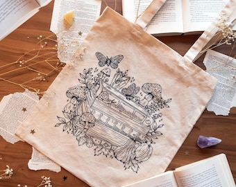 Tote Bag - Woodland Magic - 100% Cotton Shoulder Bag - Whimsical Stack of Books - Toadstool Cottagecore Bookish Vibes