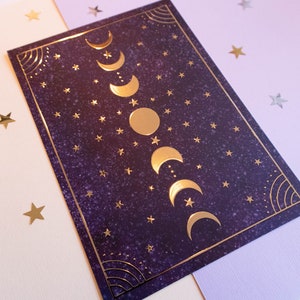 Moon Phases GOLD FOIL A5 Print // Galaxy Space Celestial Stars & Moons - Sparkly Glitter Art