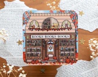 Autumn Bookstore Coaster - Bookish Gift Present / Bookshop front - Desk Accessoire - Cozy Fall Book Vibes