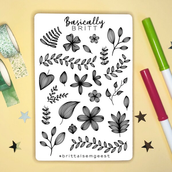 Sticker Sheet - Minimalistic Flowers - Bullet Journal Floral Stickers, Cute BUJO Doodle Stickersheet, Minimal Botanical Stickers