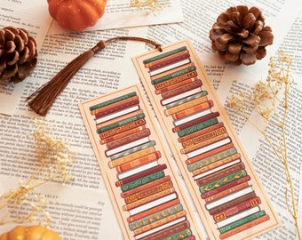 COPPER FOIL Beige Brown Stack of Books Bookmark With Tassel - Bookworm - Reader - Autumn Fall Books - Book Lover - Sparkly Shiny Books