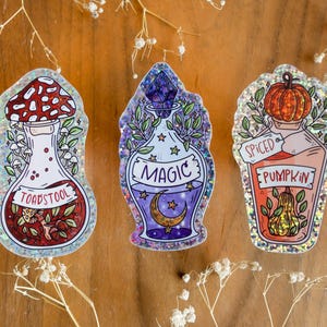 May include: Three stickers of potion bottles. One has a red and white mushroom top and reads "TOADSTOOL". Another reads "MAGIC" with a crescent moon. The third says "SPICED PUMPKIN" with a pumpkin illustration.