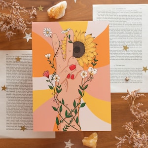 Peace Sign Hand with Flowers A5 print - Sunflower Floral 70s inspired art - Hippie Drawing