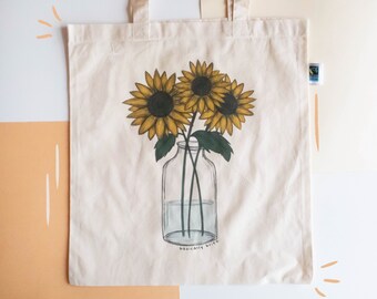 Sunflower Tote Bag - Fairtrade - Vase with Sunflowers Botanical Flower Totebag - Organic Cotton
