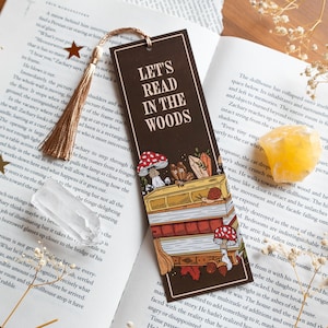 Woodland Bookmark - Let&#39;s Read In The Woods Autumn Witchy Fall Book Mark - Mushrooms Crystals Flowers Moon Stars Cottagecore