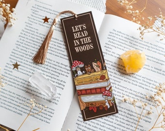 Woodland Bookmark - Let's Read In The Woods Autumn Witchy Fall Book Mark - Mushrooms Crystals Flowers Moon Stars Cottagecore