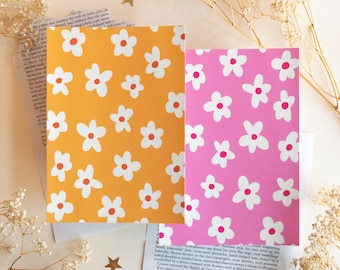 Cartolina con fiori A6 - Biglietti d'auguri floreali minimalisti gialli e rosa - Set di cartoline da 2
