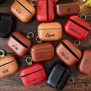 Personalized Airpod Case 1-2-3 Pro Leather Custom Airpods 1st 2nd 3rd Generation Case Monogram Air Pod Cover with Keychain Gift for Her Him