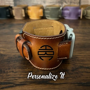 Leather Apple Watch Band 49-38mm Unisex Custom Handmade Apple Watch Band 45mm 44mm 42mm 41mm 40mm 38mm Watch Strap Gift Woman Cuff Monogram