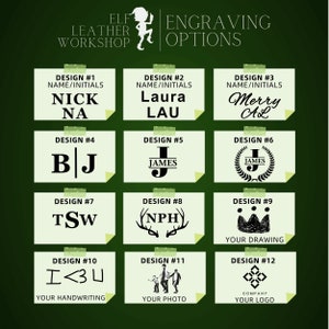 May include: An image showcasing engraving options from Elf Leather Workshop. Designs include initials, names, drawings, photos, and logos. The text on the image includes "Elf Leather Workshop" and "Engraving Options."