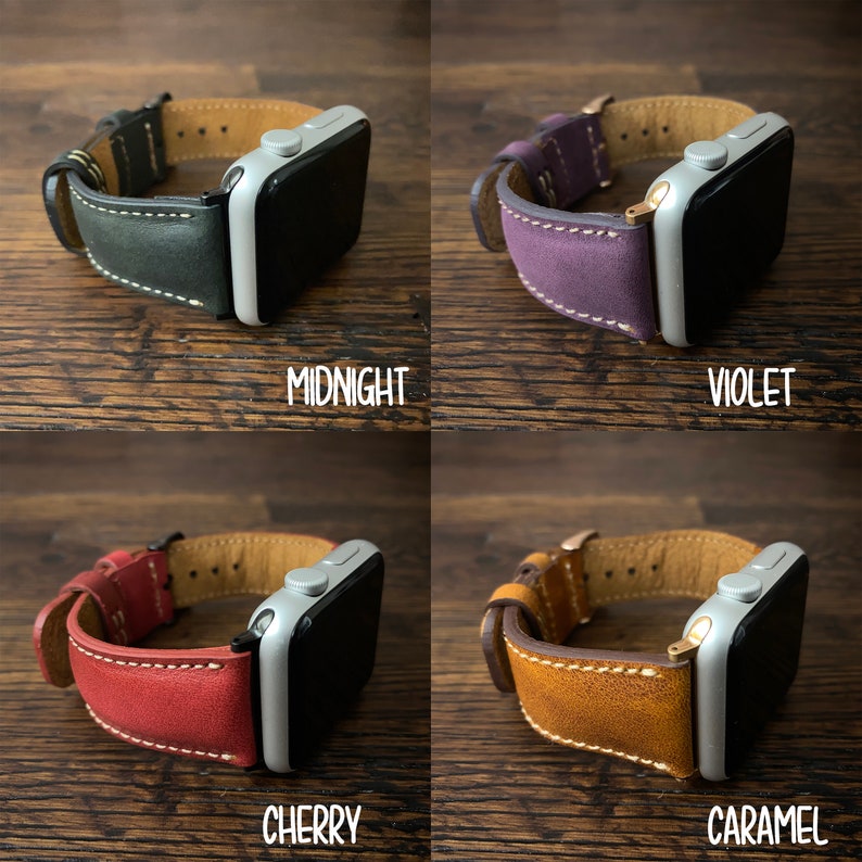 genuine-leather-apple-watch-band-for-38mm-40mm-41mm-42mm-44mm-45mm-49mm-series-1-2-3-4-5-6-7-8-Ultra-SE-starlight-unisex-women-mens-personalized-custom-gift-caramel, violet, midnight, cherry