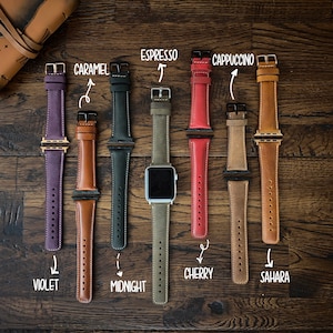 genuine-leather-apple-watch-band-for-38mm-40mm-41mm-42mm-44mm-45mm-49mm-series-1-2-3-4-5-6-7-8-Ultra-SE-starlight-unisex-women-mens-personalized-custom-gift-colors: violet, caramel, midnight, espresso, cherry cappucino, sahara