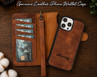 Leather Wallet Case For iPhone 17 16 Pro Max, iPhone 15-14-12-11 Case, iPhone SE Air Cover Card Holder RFID MagSafe Personalized Gift Women