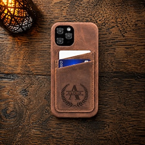 Monogram iPhone 17 16 15 Pro Leather Case Card Holder, Customized iPhone Air Case, iPhone 14 Case, Leather iPhone 13 Pro Max Case, 12 Mini