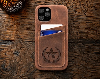 Monogram iPhone 17 16 15 Pro Leather Case Card Holder, Customized iPhone Air Case, iPhone 14 Case, Leather iPhone 13 Pro Max Case, 12 Mini