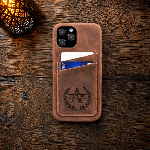 Monogram iPhone 18 17 16 15 Pro Leather Case Card Holder, Customized iPhone Air Case, iPhone 14 Case, Leather iPhone 13 Pro Max Case
