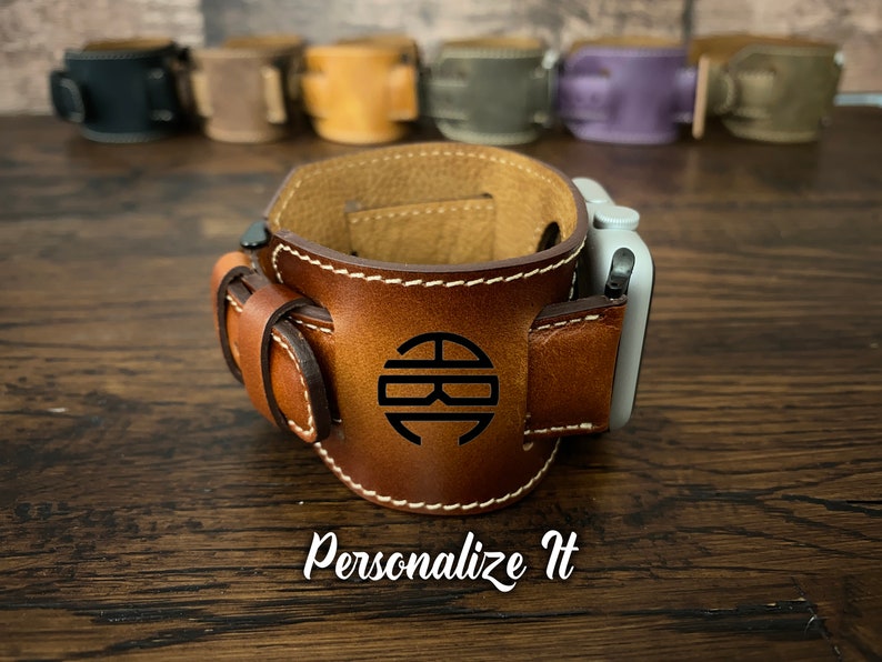 Leather Apple Watch Band 49-38mm Unisex Custom Handmade Apple Watch Band 46mm 45mm 44mm 42mm 41mm 40mm Watch Strap Gift Women Cuff Monogram