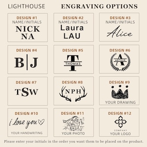 May include: A grid of twelve black engraving options on a light beige background labeled LIGHTHOUSE ENGRAVING OPTIONS. Each box displays a unique style including initials, names, a crown drawing, handwriting, a photo, and a logo design.