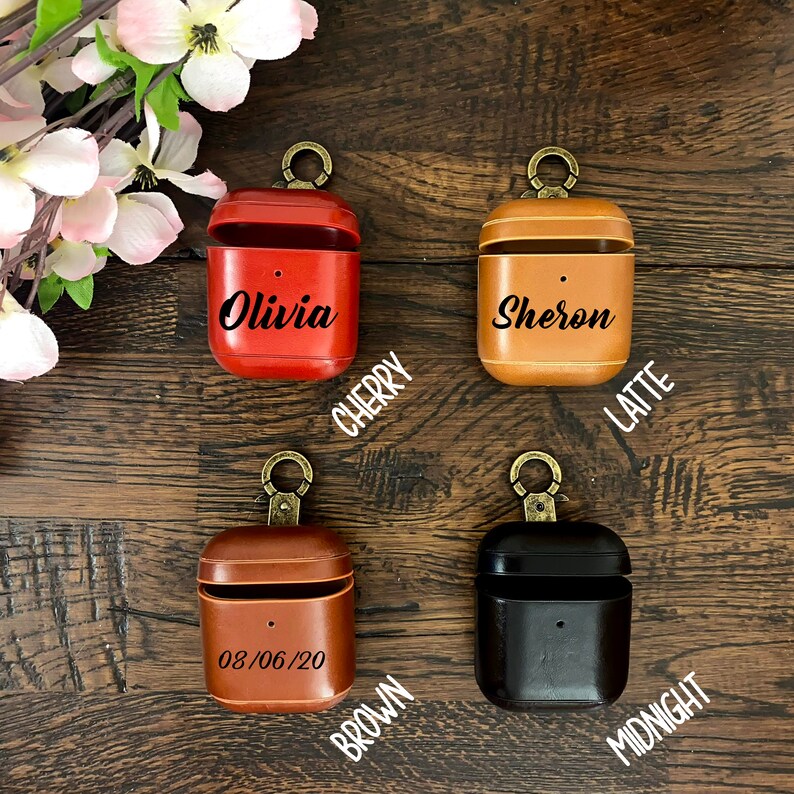Personalizable Leather Airpod Case Airpods 1 2 3 Pro 1 2 Case with hook Custom Airpods Pro Case Keychain Airpod Cover Custom Monogram, colors: cherry, latte, brown, midnight