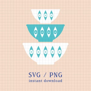 May include: Three decorative bowls stacked on top of each other. The bowls are white and teal, with a geometric pattern of diamonds and crosses. The text "SVG / PNG instant download" is below the bowls.