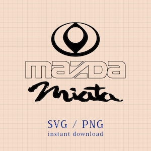 May include: Black and white graphic design featuring the Mazda logo, the word "Mazda", and the word "Miata" in a stylized font. The text "SVG / PNG instant download" is also present.