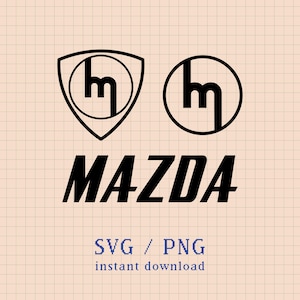 May include: Two black and white Mazda logos. One is a shield shape, the other a circle. The word "MAZDA" is below the logos in a bold, black font. The text "SVG / PNG instant download" is at the bottom.