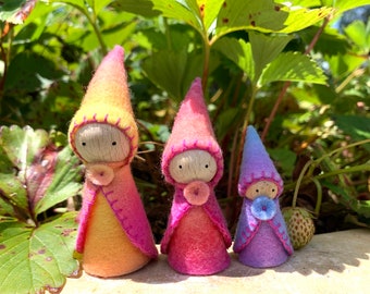 Rainbow Gnome Family, Set of 3, Waldorf Inspired, Hand Painted Pure Wool Felt